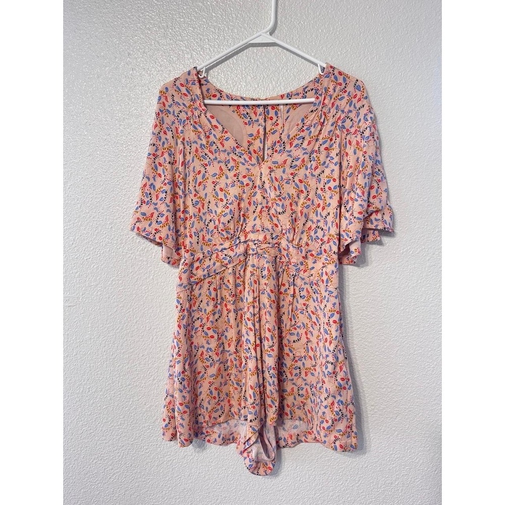 Free People Printed Flutter Sleeve Romper Pink Floral Women's Size 8
